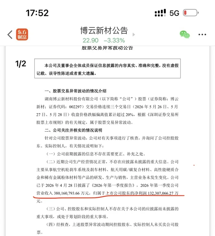 博云新材惊现单季度1.3万亿利润，脚踢三星海力士，拳打英伟达，可惜公告不认真搞错了小数点！